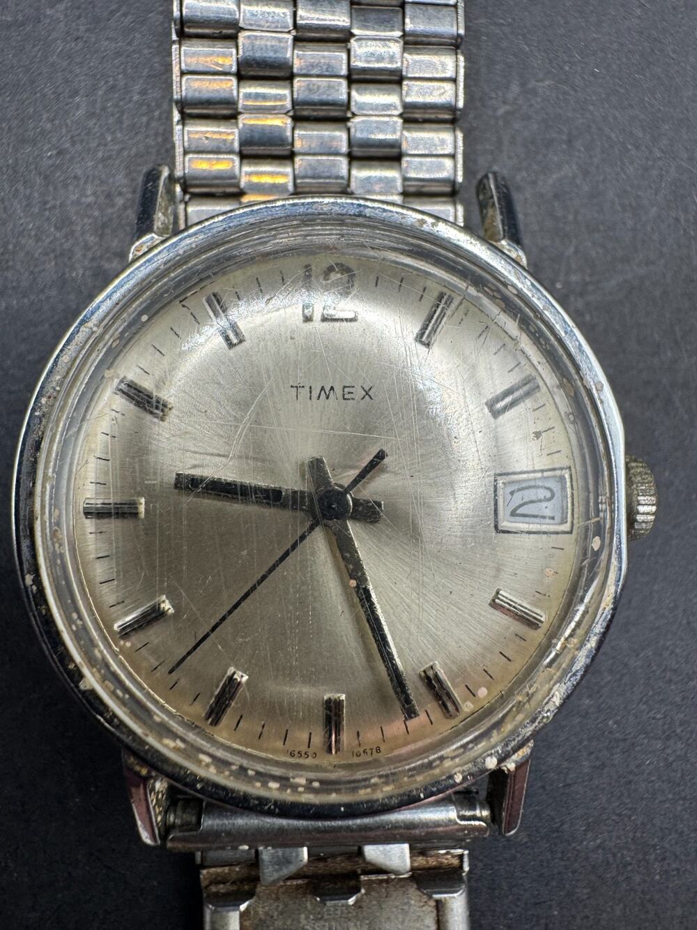 Vintage Timex Manual Wind Watch Date Silver Tone 16550 10578 Manual Wind